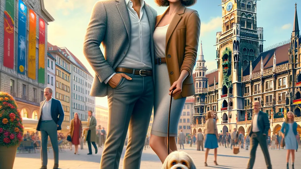 Elyas M'Barek and his wife Jessica stand in Marienplatz, Munich, smiling together with their Cavapoo, against a backdrop of the New Town Hall and a vibrant city atmosphere.