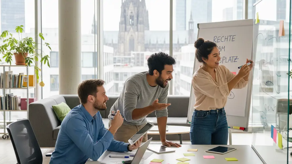 A diverse group of young professionals, including a Black woman, South Asian man, Hispanic woman, and Caucasian man, actively collaborating and brainstorming in a bright, modern office space, symbolizing teamwork and workplace empowerment in Germany.