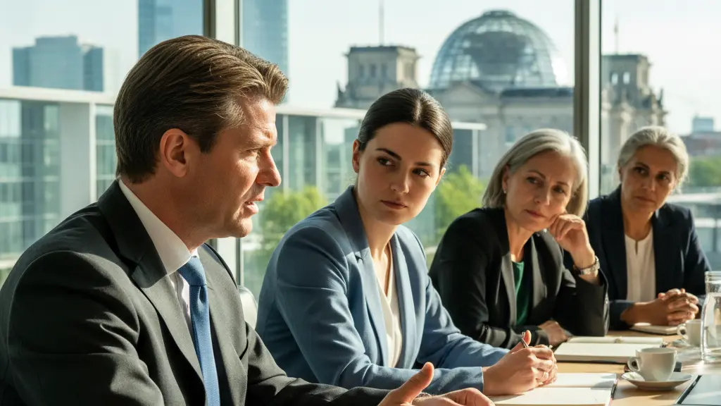 A diverse group of politicians engaged in a serious discussion in a modern government office, with Germany's Reichstag building visible through the window, symbolizing democratic engagement.