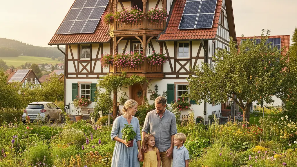 A happy family stands in front of an eco-friendly home, symbolizing unity and sustainable living, with lush greenery and traditional German architectural elements in the background.