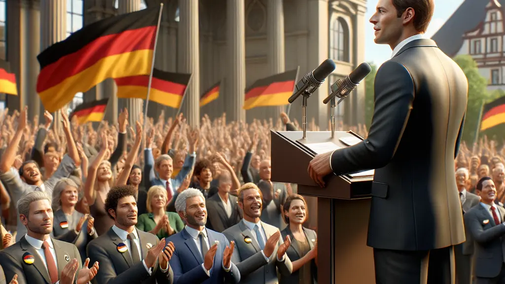 A photorealistic image of Friedrich Merz speaking confidently at a rally, with a crowd of diverse supporters applauding, set against a backdrop of recognizable German architecture, symbolizing public support against tax hikes.