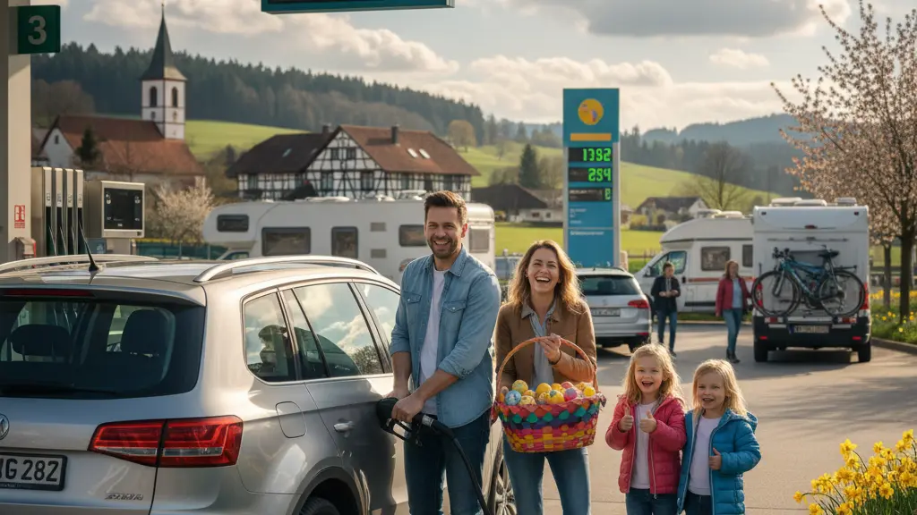 A family happily filling their car at a gas station in Germany during the Easter holiday, showcasing a sunny day with traditional German architectural elements in the background and visual indicators of reduced fuel prices.