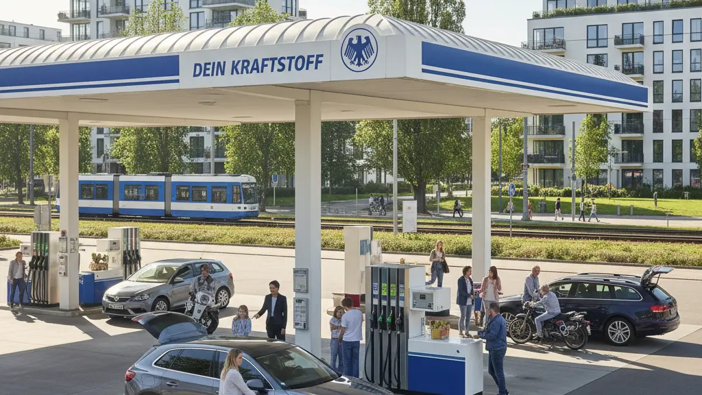 A vibrant German gas station scene on April 1, 2026, with diverse consumers fueling their vehicles amidst signage reflecting new fuel pricing regulations, set against an urban landscape that showcases recognizable architectural features of Germany.
