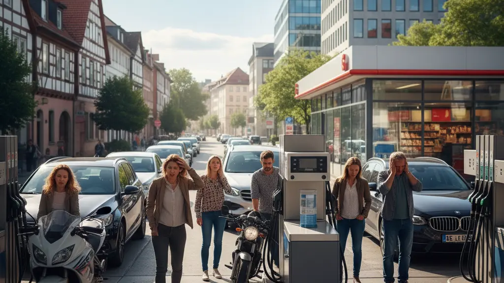 A diverse group of drivers at a gas station in Germany, expressing frustration as they fill their vehicles amidst visibly high fuel prices, with traditional German architecture in the background.