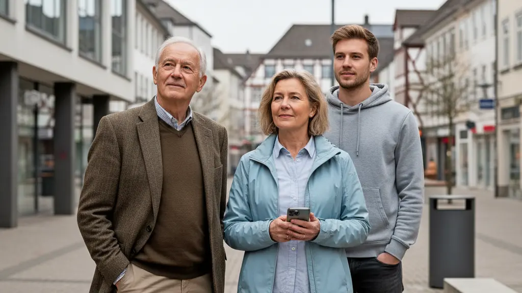 A hyper-realistic, professional photograph centered on a diverse group of three calm individuals—a middle-aged woman, a young man, and an elderly gentleman—in a clean, modern German pedestrian zone. The woman gently holds a smartphone, and the group's serene expressions convey trust and preparedness in a public warning system. The background features authentic German architecture and urban elements, softly diffused. The image is uplifting, showing collective security without any text or alarming elements.