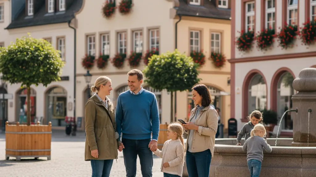 An ultra-realistic, vibrant image of diverse German citizens, including families and elderly individuals, calmly and confidently interacting in a sunlit public square in a German city. Traditional German architecture lines the background. The scene conveys a sense of community preparedness and trust in safety systems, with a focus on peace and security. No text or logos are present.