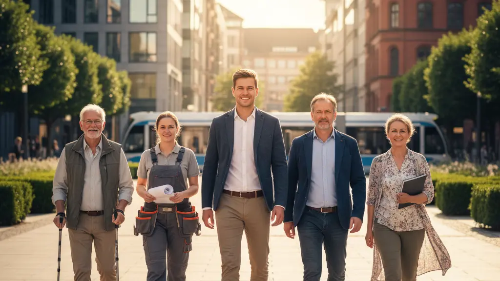 A diverse group of six German citizens, including young professionals, skilled workers, and active seniors, moving forward confidently in a modern German city plaza. The background features a blend of contemporary glass architecture and traditional brick buildings, illuminated by warm golden hour light. The image conveys optimism, resilience, and national progress.