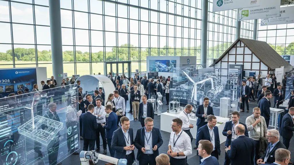 A vibrant scene at Hannover Messe 2026 featuring diverse professionals engaging with innovative technology exhibits in a modern expo environment, showcasing robotics, AI, and sustainable energy solutions, set against the backdrop of recognizable Hannover architecture.