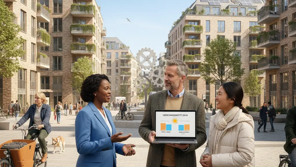 A diverse group of individuals including a landlord, a tenant, and a community advocate, engaged in a positive discussion about housing reform in a lively urban setting in Germany, symbolizing collaboration and sustainability.