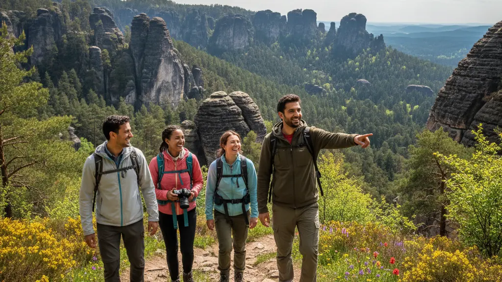 A diverse group of four hikers joyfully walking along a scenic trail in Saxon Switzerland, with lush greenery, blooming wildflowers, and sandstone cliffs in the background, embodying a sense of adventure and cultural exchange.
