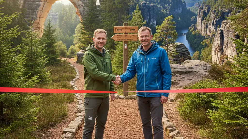Petr Kříž and Uwe Borrmeister at the inauguration of the Hřensko - Schmilka hiking trail, surrounded by lush forests and rock formations of the Bohemian and Saxon Switzerland National Parks.