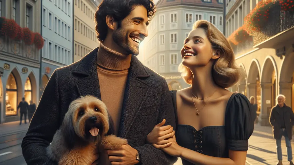 An ultra-realistic, eye-level photograph of Elyas M'Barek, his wife Jessica, and their dog, joyfully standing on a picturesque, sunlit pedestrian street in Munich. Elyas, a 43-year-old man, smiles warmly while holding hands with Jessica, a radiant woman, both looking happy and optimistic. Their medium-sized, fluffy dog sits contentedly at their feet. The background features classic Bavarian buildings with gabled roofs and lush green trees, softly blurred to keep focus on the couple. The scene is bathed in warm golden hour light, conveying a sense of peace, flexibility, and a hopeful new start. No text or overlays.