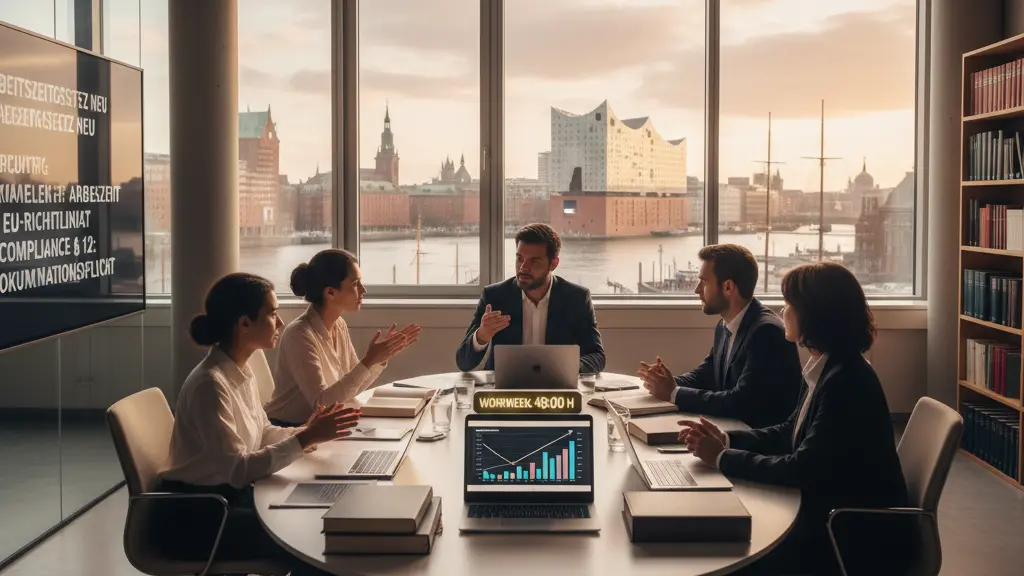 A diverse group of lawyers in a modern conference room discussing compliance with labor laws, surrounded by legal documents and technology, with Hamburg's skyline visible through the large window.