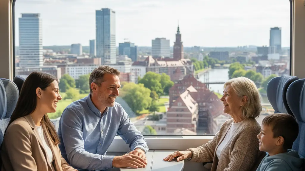 A diverse group of people smiling and relaxed, seated inside a modern train carriage. Through the large window, a blurred but recognizable urban landscape of Niedersachsen, Germany, featuring a mix of modern and red-brick architecture and green spaces, is visible. The scene is brightly lit by natural daylight, emphasizing comfortable and efficient public transport.