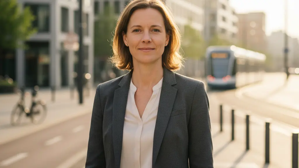 A hyper-realistic, eye-level cinematic shot of a modern professional German commuter in their mid-30s, standing centrally on a bright urban street, subtly smiling with an expression of quiet optimism and relief. They are dressed in smart-casual attire. The background features blurred, sleek contemporary German architecture bathed in morning sunlight, with hints of urban infrastructure. The image conveys a positive message of support and hope for Germany's working population.