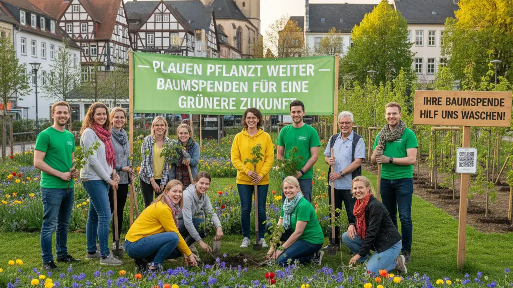 A diverse group of people planting trees in a vibrant urban park in Plauen, Germany, symbolizing community engagement in tree donation efforts. They are surrounded by lush greenery and recognizable city architecture, under a warm sunlight that enhances the uplifting atmosphere.