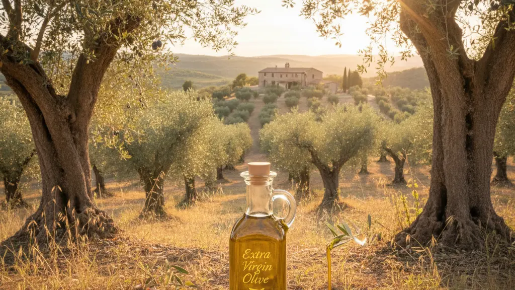 A sunlit olive grove featuring lush olive trees with ripe olives, a glass bottle of extra virgin olive oil, and a distant traditional stone farmhouse, conveying a message of purity and healthy living.