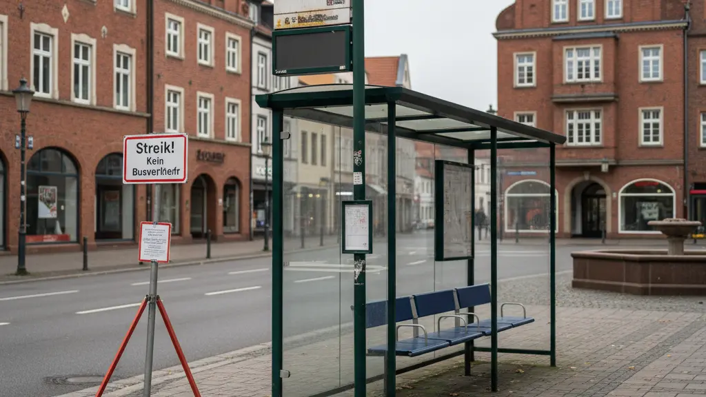 An empty bus stop in Delmenhorst, Germany, during a public transport strike, showcasing a forlorn waiting area and a Delbus sign, with surrounding architecture subtly indicating the town's character.