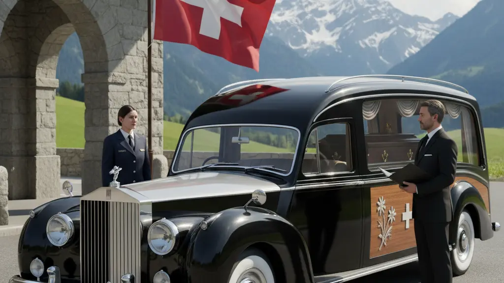 A Swiss hearse at a border customs checkpoint, attended by a customs officer and a funeral director, against a backdrop of Swiss landscapes and architecture, conveying dignity and compassion in the transport of sensitive goods.