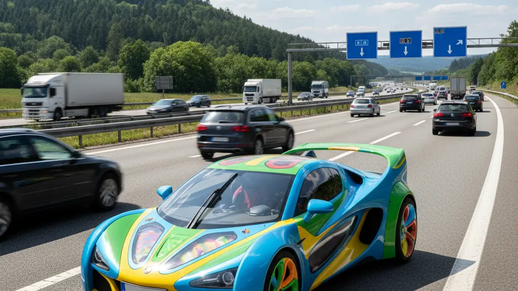 A brightly colored, unconventional car parked on a busy highway, with lush green landscapes and German autobahn signage in the background, symbolizing individuality and creative automotive design.