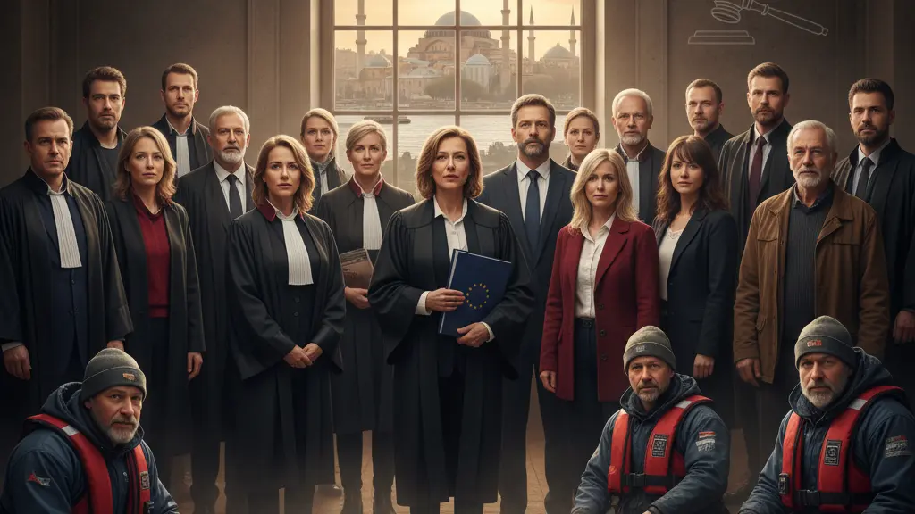 A courtroom scene depicting a diverse group of people expressing hope and determination, with visible architectural elements from Istanbul in the background and symbolic rescue equipment related to a stranded whale, embodying themes of legal reform, justice, and marine conservation.