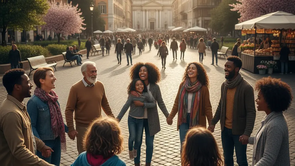 A diverse group of smiling individuals holding hands in a lively urban setting, celebrating unity and hope against a backdrop of recognizable city landmarks, symbolizing community support.