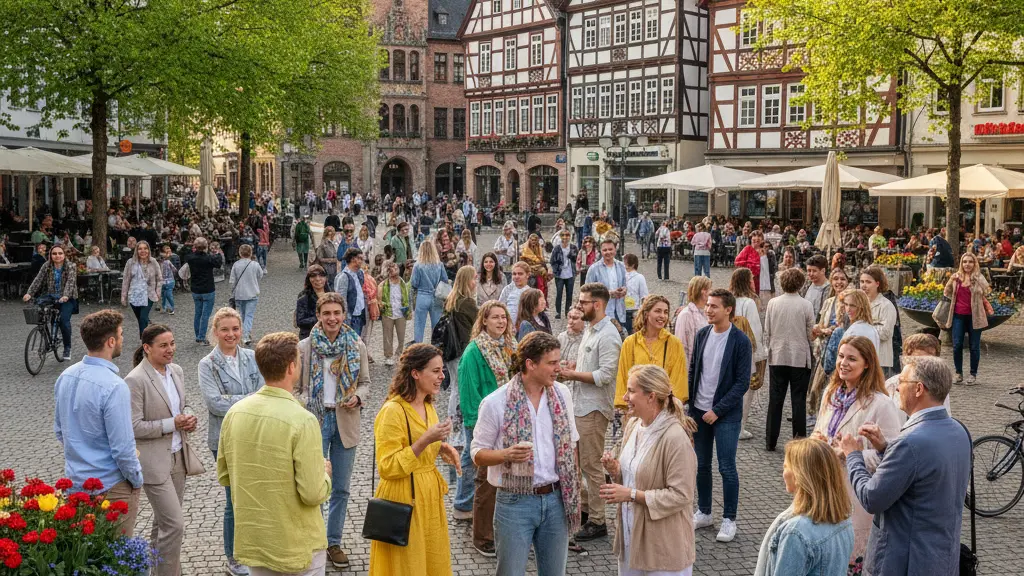 A lively German city square during spring, filled with a diverse group of people enjoying the day, historic architecture, blooming flowers, and a warm, cheerful atmosphere.