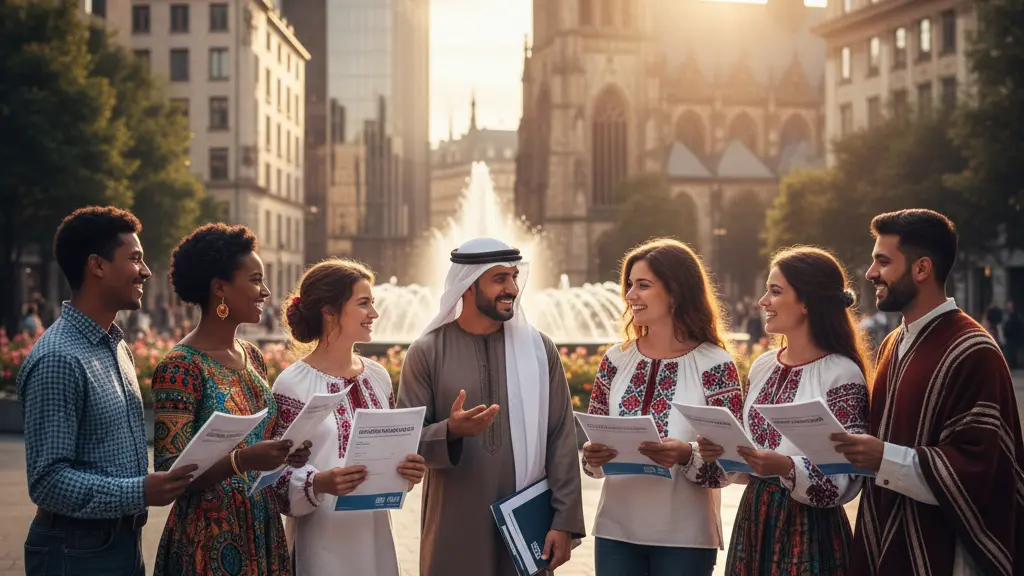 A diverse group of individuals representing different ethnicities and ages engaged in conversation in a modern European city setting, symbolizing unity in migration solutions, with architectural elements in the background.