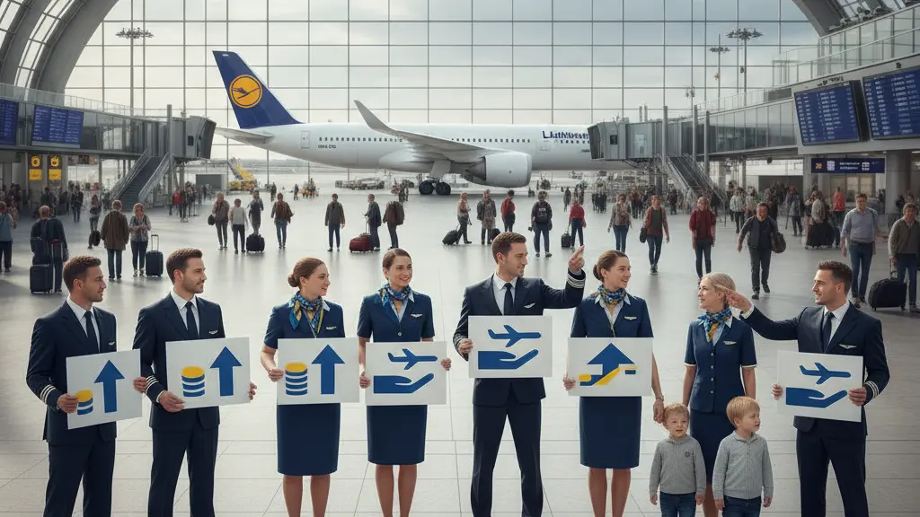 A diverse group of pilots and flight attendants standing united at an airport during a strike, with a Lufthansa airplane in the background, showcasing solidarity and determination for improved working conditions.