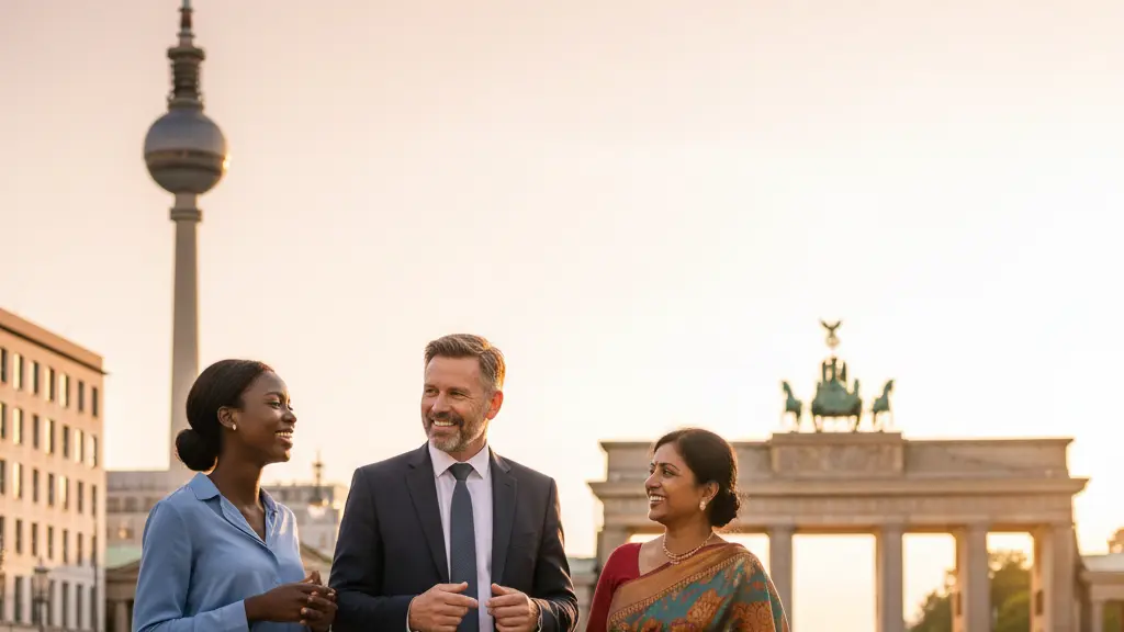 A diverse group of three professionals engaged in a friendly discussion in front of Berlin's iconic cityscape, symbolizing collaboration for social justice and economic balance.