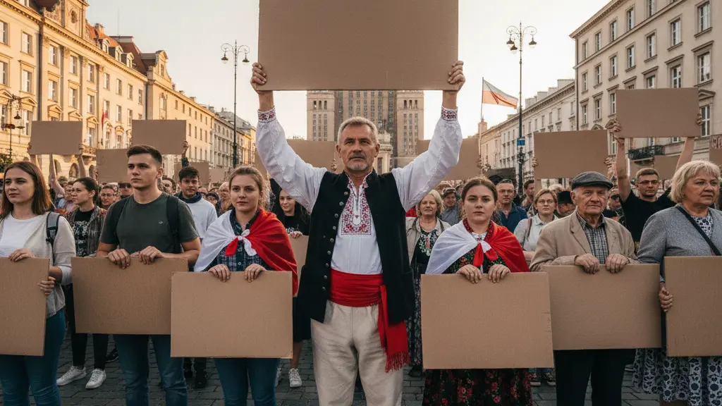 A peaceful protest scene in Warsaw, Poland, featuring a determined middle-aged man in traditional clothing holding a placard, surrounded by a diverse group of citizens of various ages, symbolizing solidarity against the increase in retirement age. The backdrop includes the iconic Palace of Culture and Science, bathed in warm golden hour light, creating an emotionally resonant atmosphere.