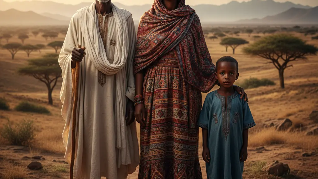 A diverse group of Sudanese people, including a young woman, an elderly man, and a child, dressed in traditional clothing, standing united with expressions of hope against a backdrop of the Sudanese landscape featuring acacia trees and distant hills.