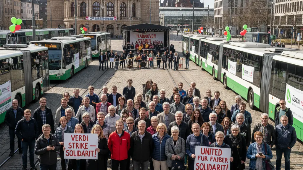 A diverse group of people gathered in a central square in Hannover during the public transport strike, surrounded by empty buses and trams, with the Hannover Opera House in the background, conveying emotions of frustration, solidarity, and resilience.