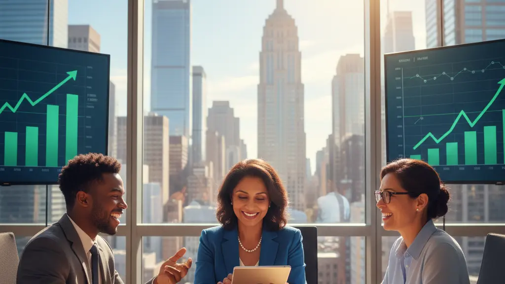 A diverse group of professionals in a modern conference room discussing positive financial trends, highlighting corporate responsibility and ethical practices, with a vibrant city skyline in the background.