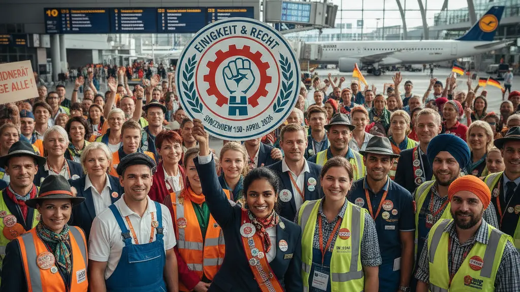 A diverse group of jubilant workers on strike at Munich Airport, holding signs of solidarity, surrounded by vibrant airline crew members, with recognizable airport architecture in the background, capturing the spirit of unity and workers' rights during the 150th birthday celebration of Hugo Sinzheimer.