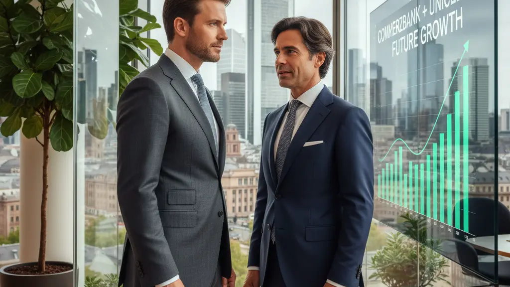 A confident German bank manager and an Italian bank manager engaged in a positive discussion in a modern glass office overlooking Frankfurt's skyline, symbolizing collaboration and growth in the banking sector amidst a takeover bid.