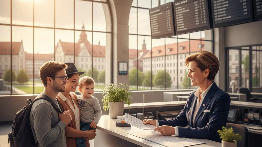 An ultra-realistic image of a smiling customer service representative at a German train station, assisting a diverse group of customers, conveying the concept of 'Kulanz' with a warm and welcoming atmosphere.