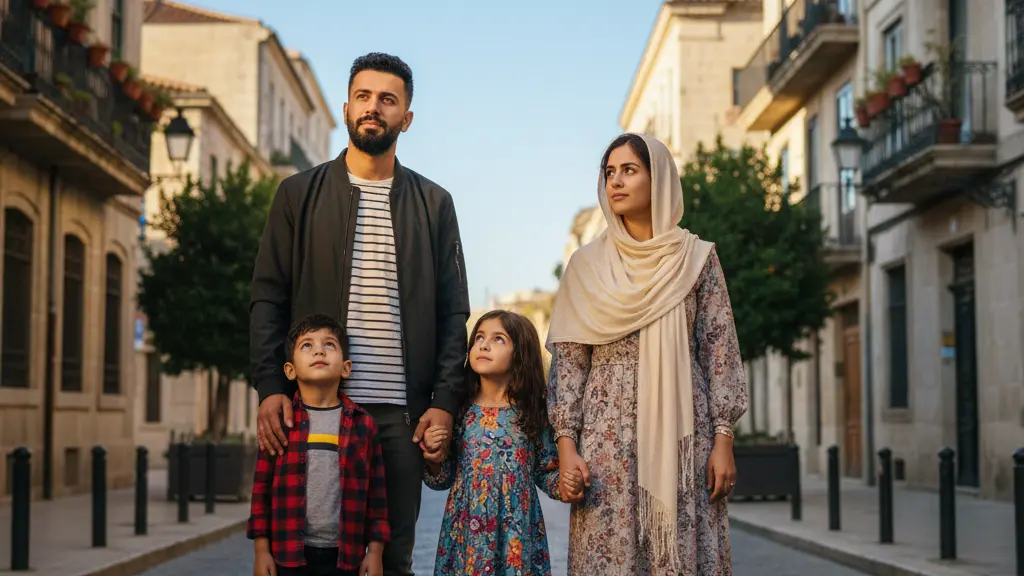 An Iraqi refugee family of four, with a father, mother, and two children, standing in a European cityscape, conveying hope and resilience amidst their journey, illuminated by warm sunlight.