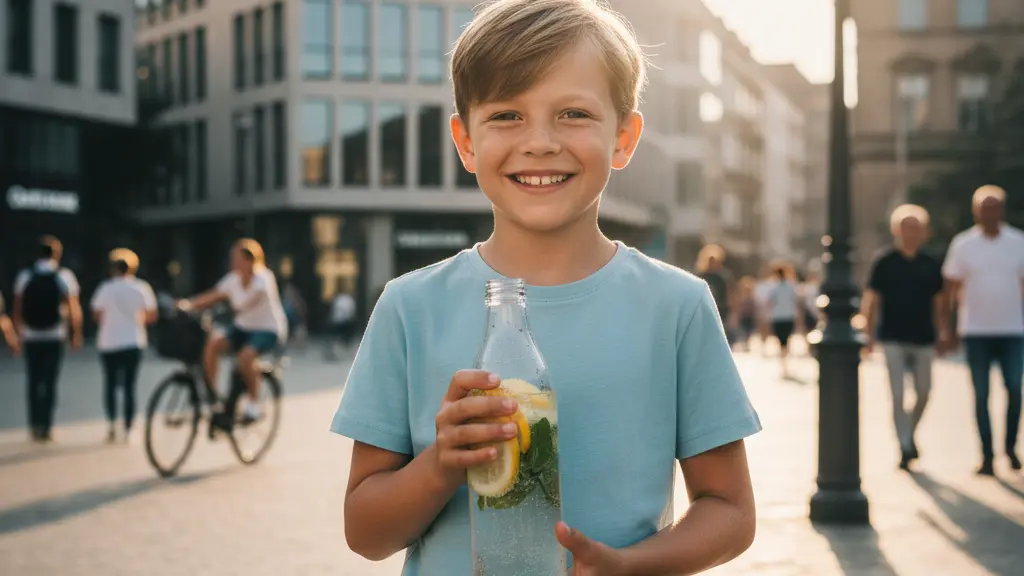 A smiling German child, approximately 8 years old, confidently holds a clear glass bottle of sparkling water with lemon and mint in a sunlit modern German city square. The background features blurred contemporary German architecture and healthy-looking people, symbolizing positive health choices and a vibrant, healthy future for Germany. The image is ultra-realistic, vibrant, and free of any text or logos.