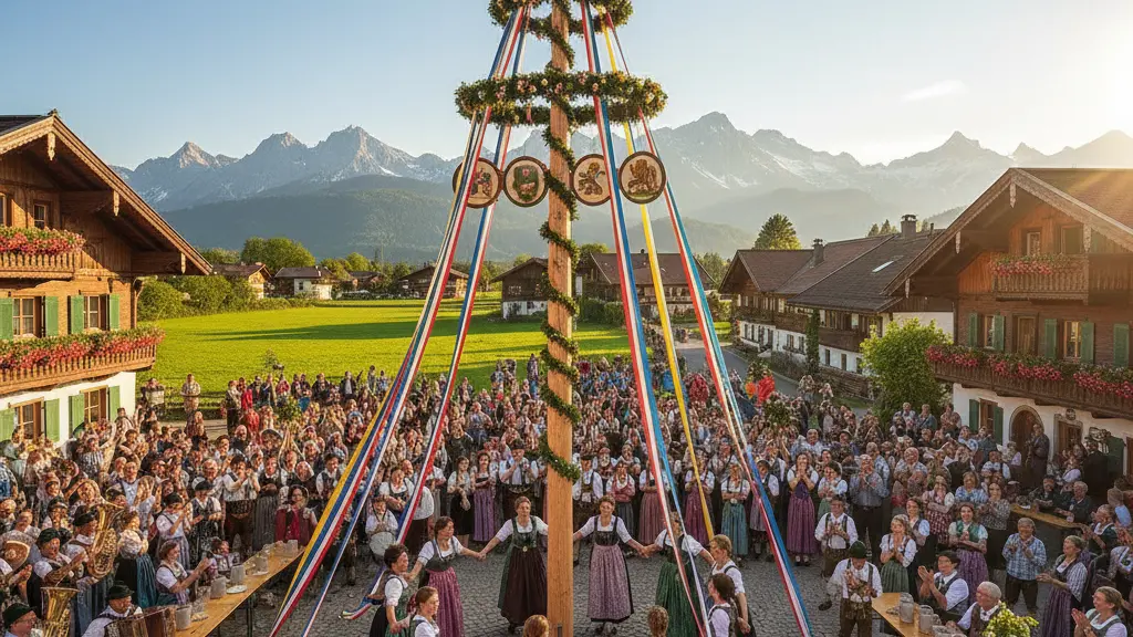 A vibrant scene depicting a traditional Bavarian Maypole raising ceremony in a picturesque village, featuring villagers in folk costumes celebrating around a beautifully decorated Maypole under a clear blue sky.