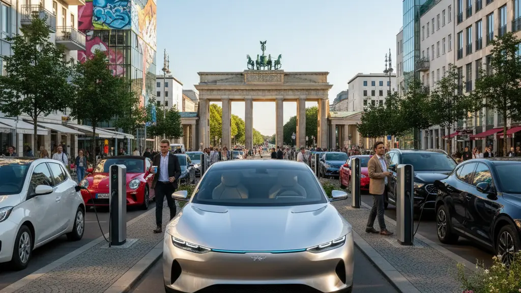 A vibrant city street in Berlin showcasing a sleek electric vehicle surrounded by iconic architecture, pedestrians, and cyclists, all under a clear blue sky.