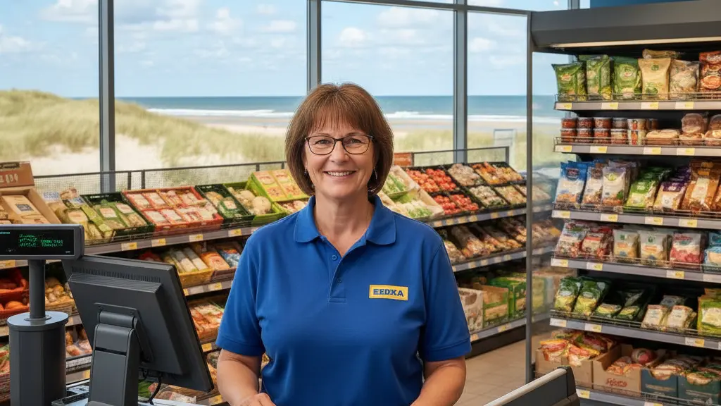 A friendly cashier at an Edeka supermarket on a coastal island in Northern Germany, smiling behind a checkout counter with a notice encouraging cashless payments. The background reveals a bright store environment and a scenic view of sandy beaches and dunes.