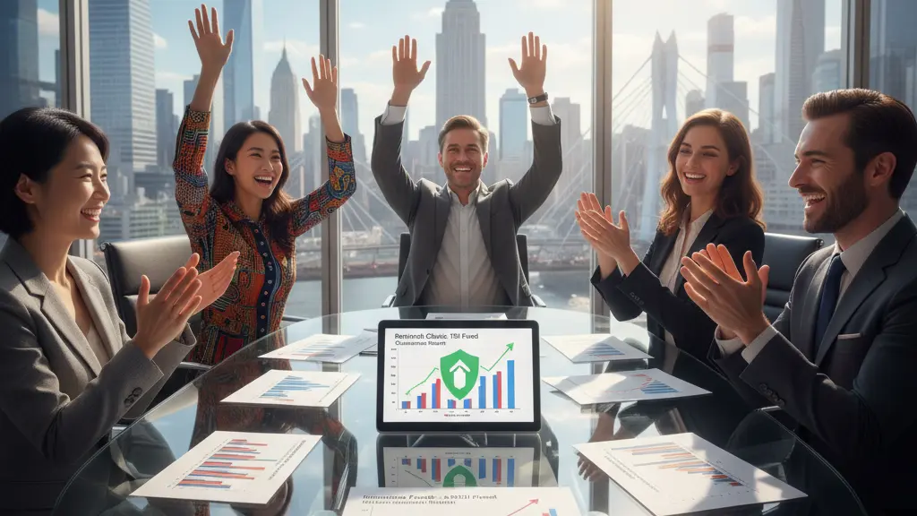 A diverse group of professional investors celebrating a successful investment meeting in a modern office with a vibrant city skyline in the background.
