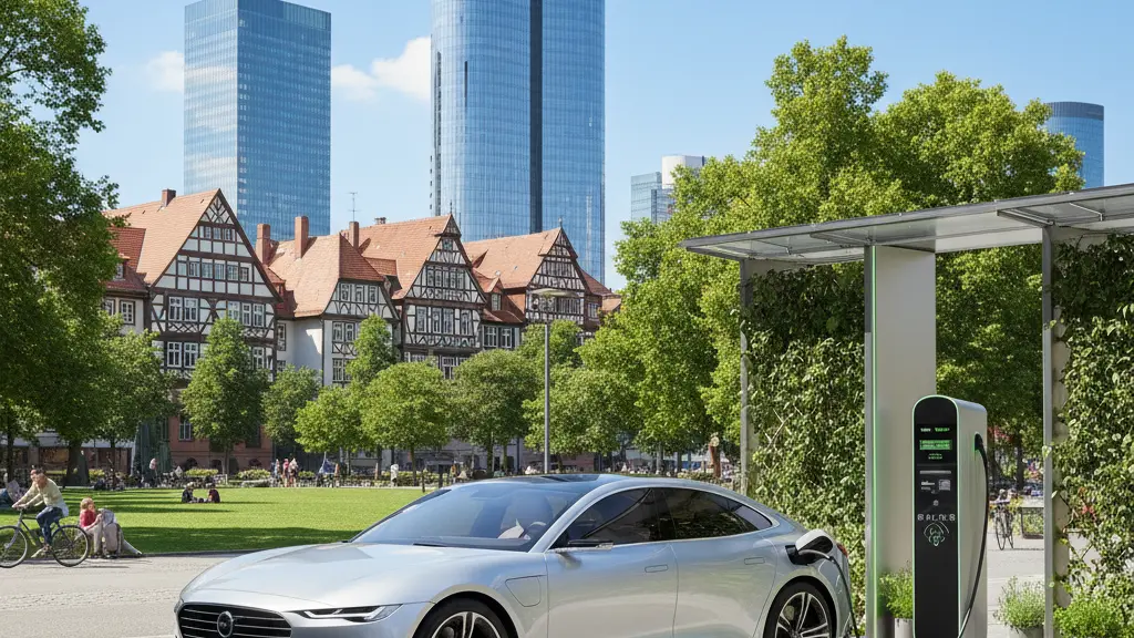 A photorealistic image of an electric car charging at a modern urban charging station in Germany, with traditional German architecture and green spaces visible in the background, symbolizing sustainability and the future of transportation.