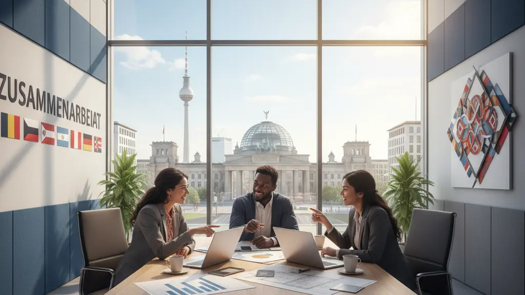 A diverse group of skilled workers in a modern office, discussing around a table with laptops and charts. The background features the Berlin skyline with landmarks like the Brandenburg Gate and the Berlin TV Tower, symbolizing inclusivity and progress.