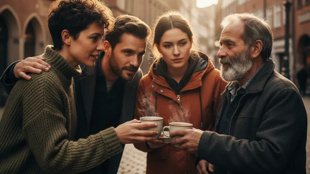 A photorealistic image centered on a diverse group of 4-5 people in Cologne, Germany, during late afternoon golden hour. Two community members offer a warm cup and comforting hand to a dignified individual who has experienced homelessness, symbolizing support and hope. The background features blurred historic Cologne architecture and cobblestone streets. The scene is warm, compassionate, and uplifting, emphasizing human connection and solidarity.