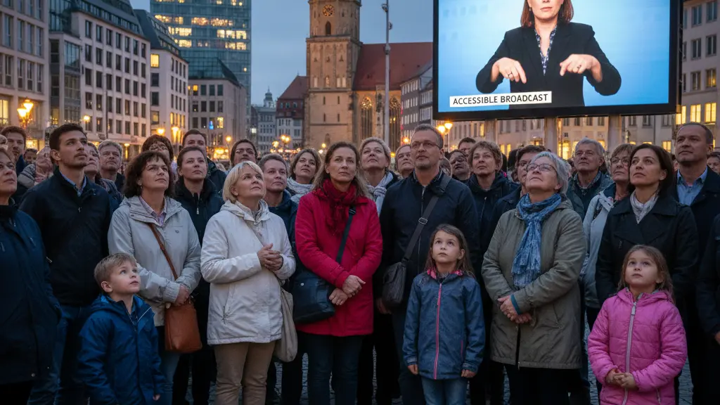 A diverse group of people watching a news broadcast on a digital screen in a contemporary urban setting, with recognizable landmarks of Leipzig in the background. The individuals, representing various ages and ethnicities, display expressions of engagement and curiosity while sign language is being used by the news anchor, symbolizing inclusivity and accessibility in communication.