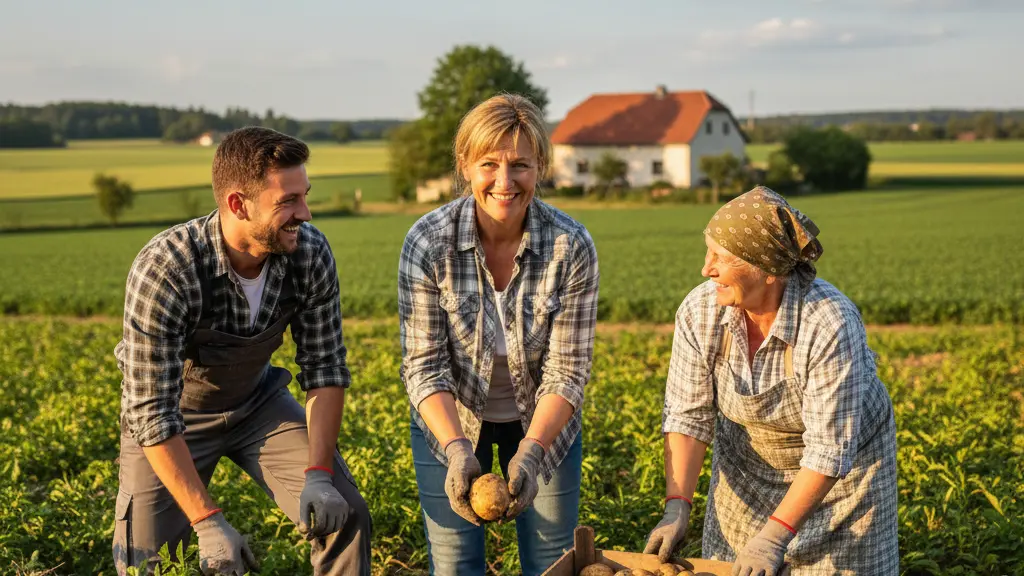 A photorealistic image showing three diverse individuals, including a smiling woman, joyfully harvesting potatoes in a sunlit field in rural Saxony-Anhalt, Germany, with rolling hills and a traditional farmhouse in the background, conveying a sense of purpose and community.