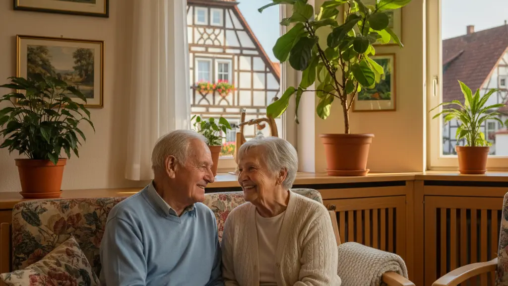 An elderly couple sitting together in a cozy nursing home living area in Germany, smiling and holding hands, with warm lighting and traditional German decor in the background.
