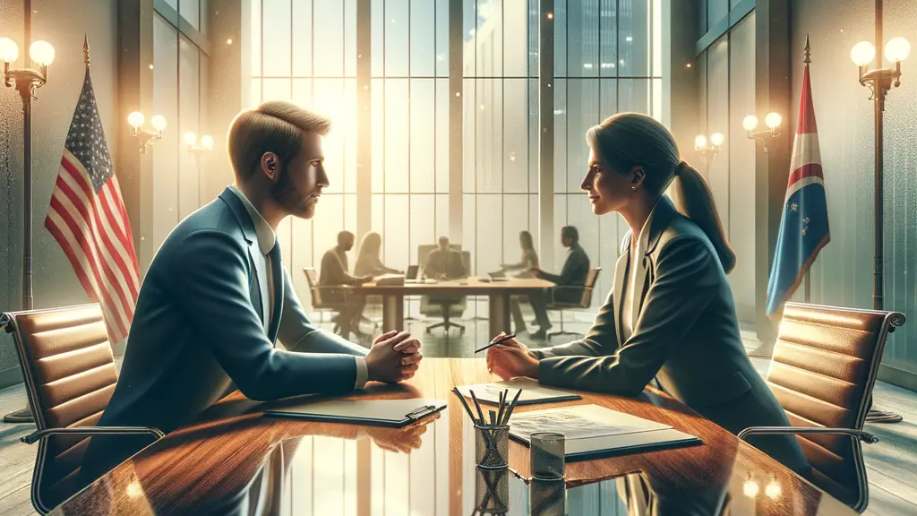 A serene, photorealistic image of Markus Söder and Manuela Schwesig engaged in a positive discussion about tax reforms in a bright office, featuring modern architectural elements and warm lighting.